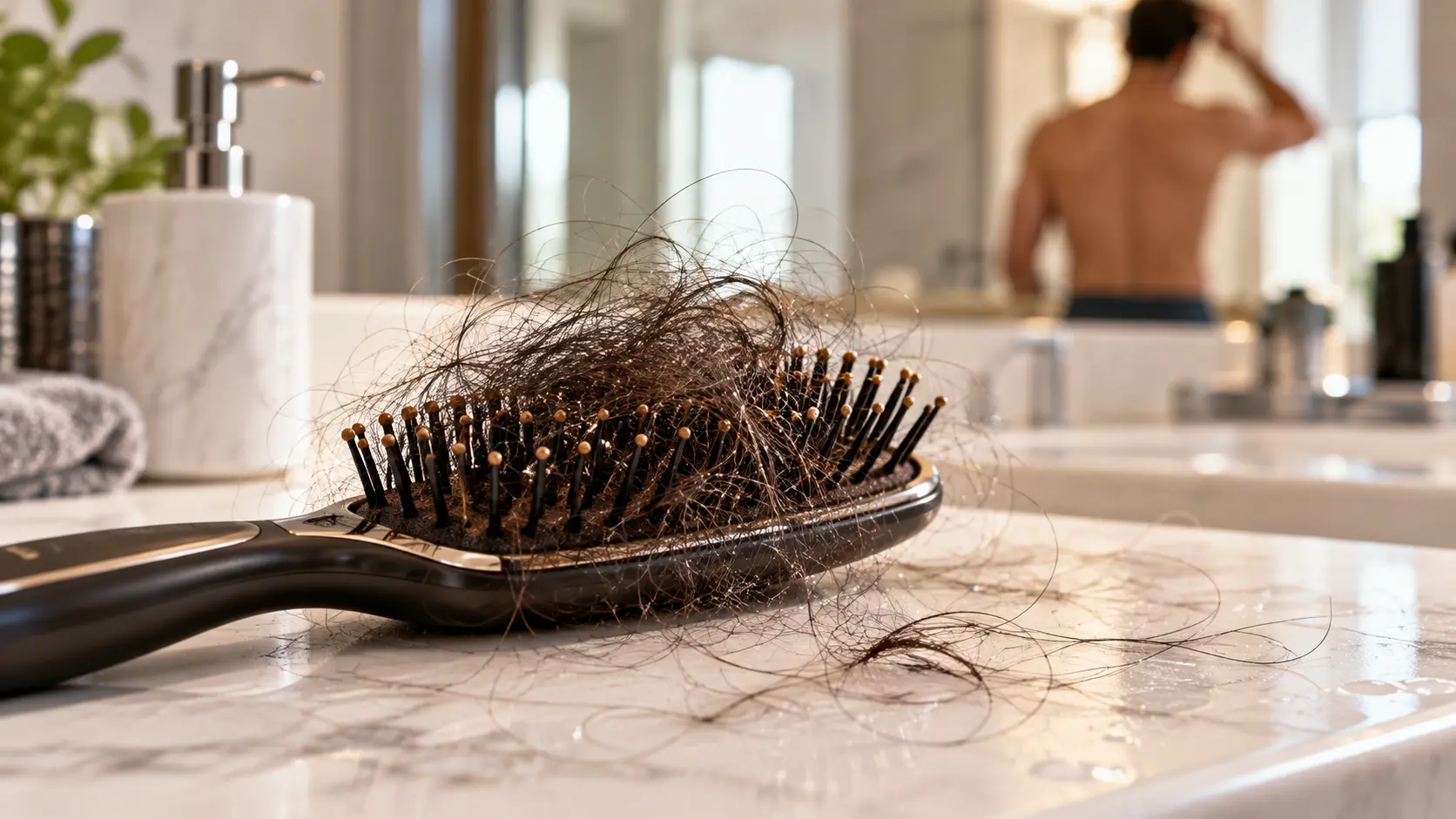 Uomo che esamina cuoio capelluto — prurito forfora e diradamento capelli