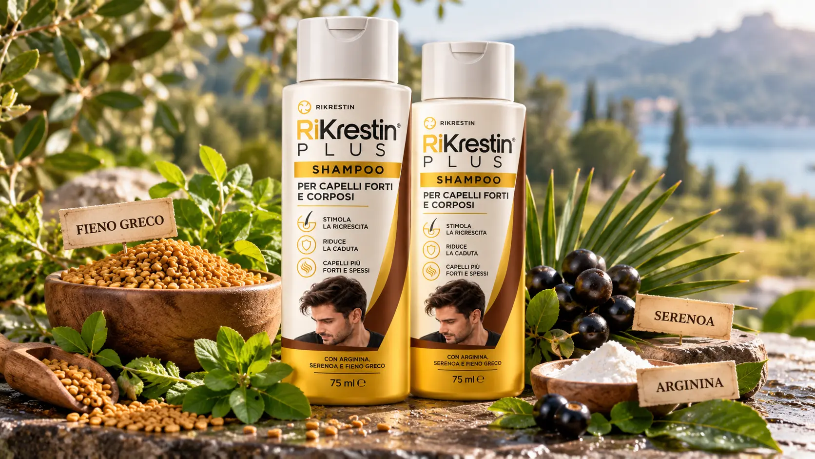 RiKrestin® Plus Shampoo — per capelli forti e corposi con Arginina Serenoa e Fieno Greco 75ml