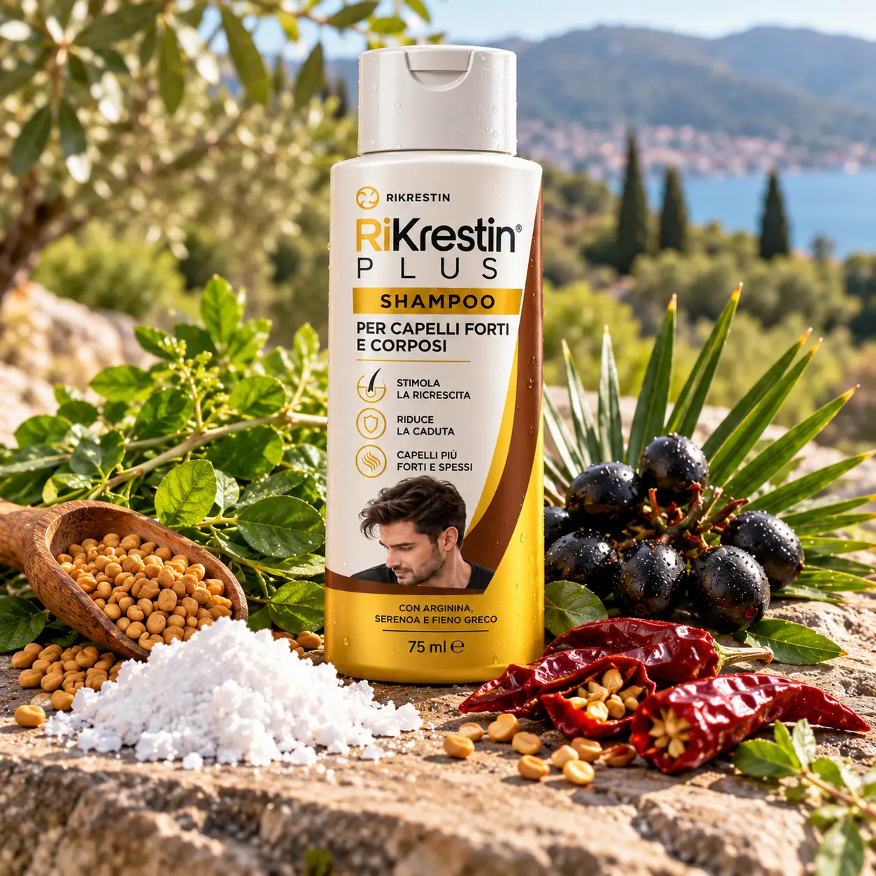 RiKrestin Plus Shampoo — Arginina Serenoa Fieno Greco formula tricologica uomini donne