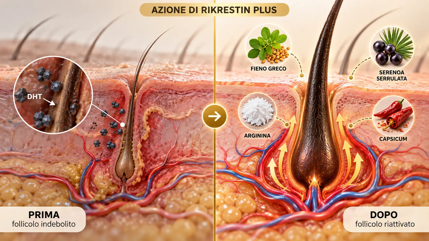 Effetto RiKrestin Plus sul follicolo — circolazione ripristinata capelli più forti uomini donne