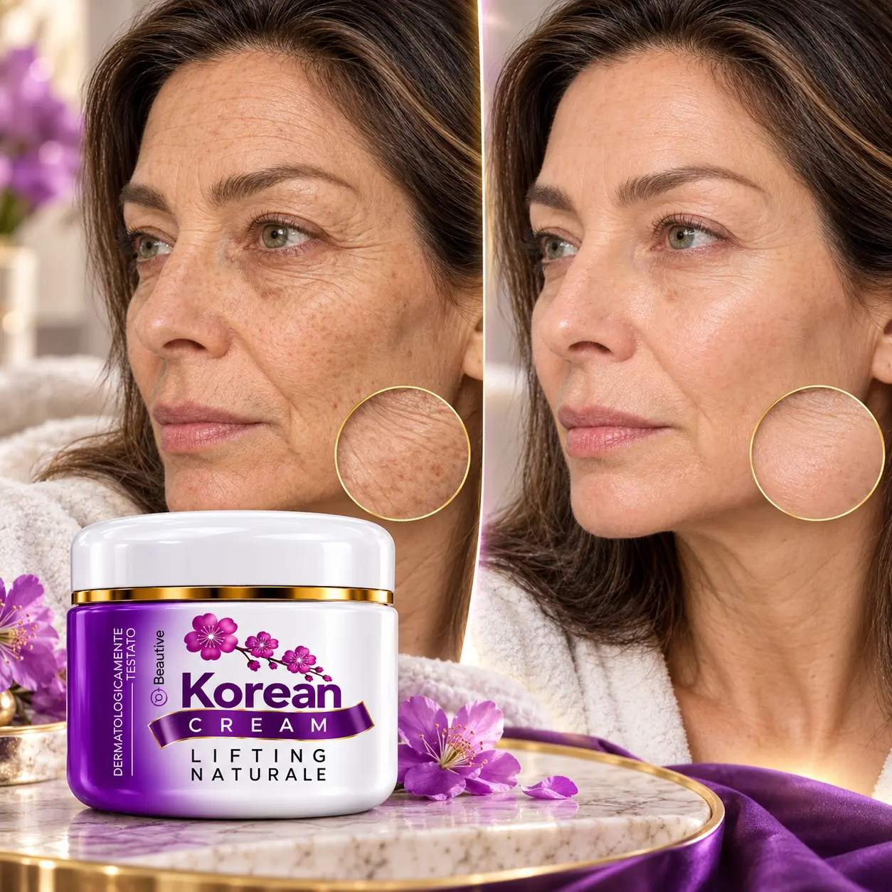 Korean Cream barattolo bianco con fascia viola e fiori di ciliegio