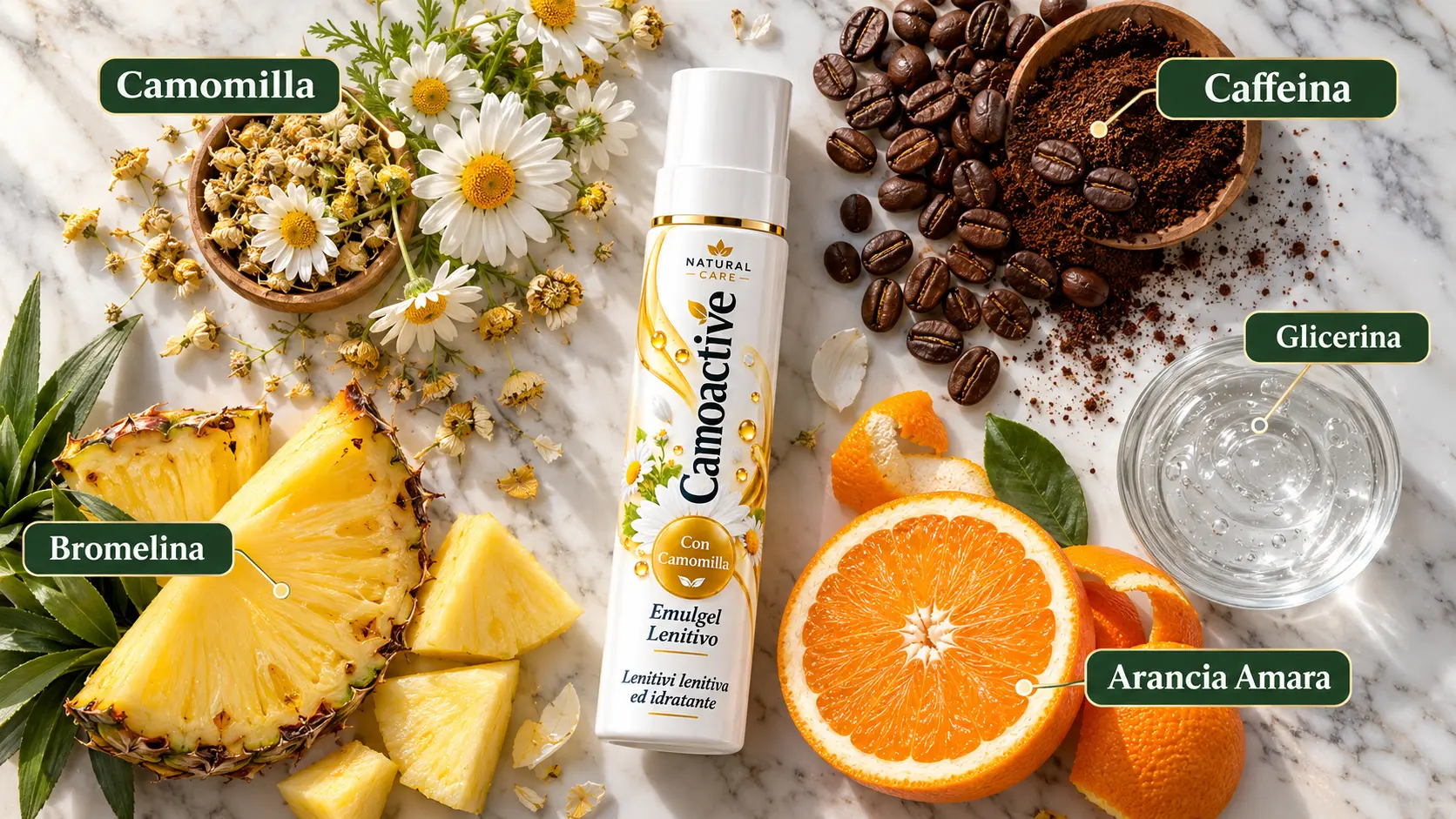 Ingredienti naturali Camoactive — camomilla, ananas, arancia