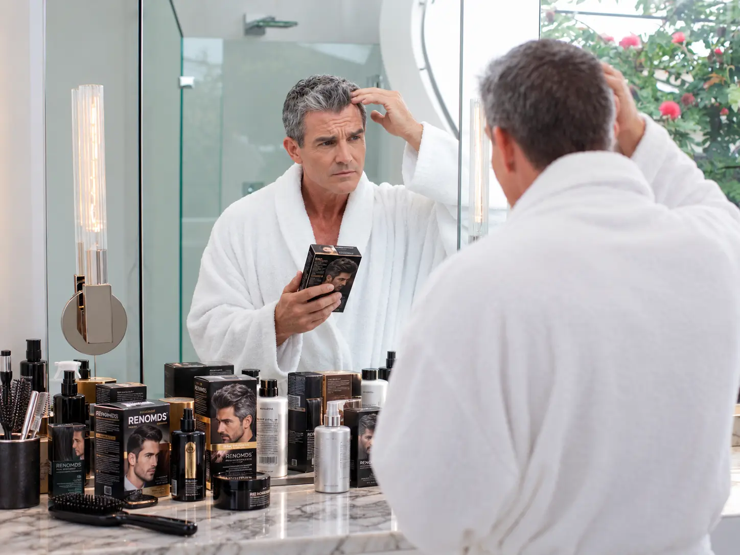 Uomo frustrato davanti a prodotti per capelli che non funzionano